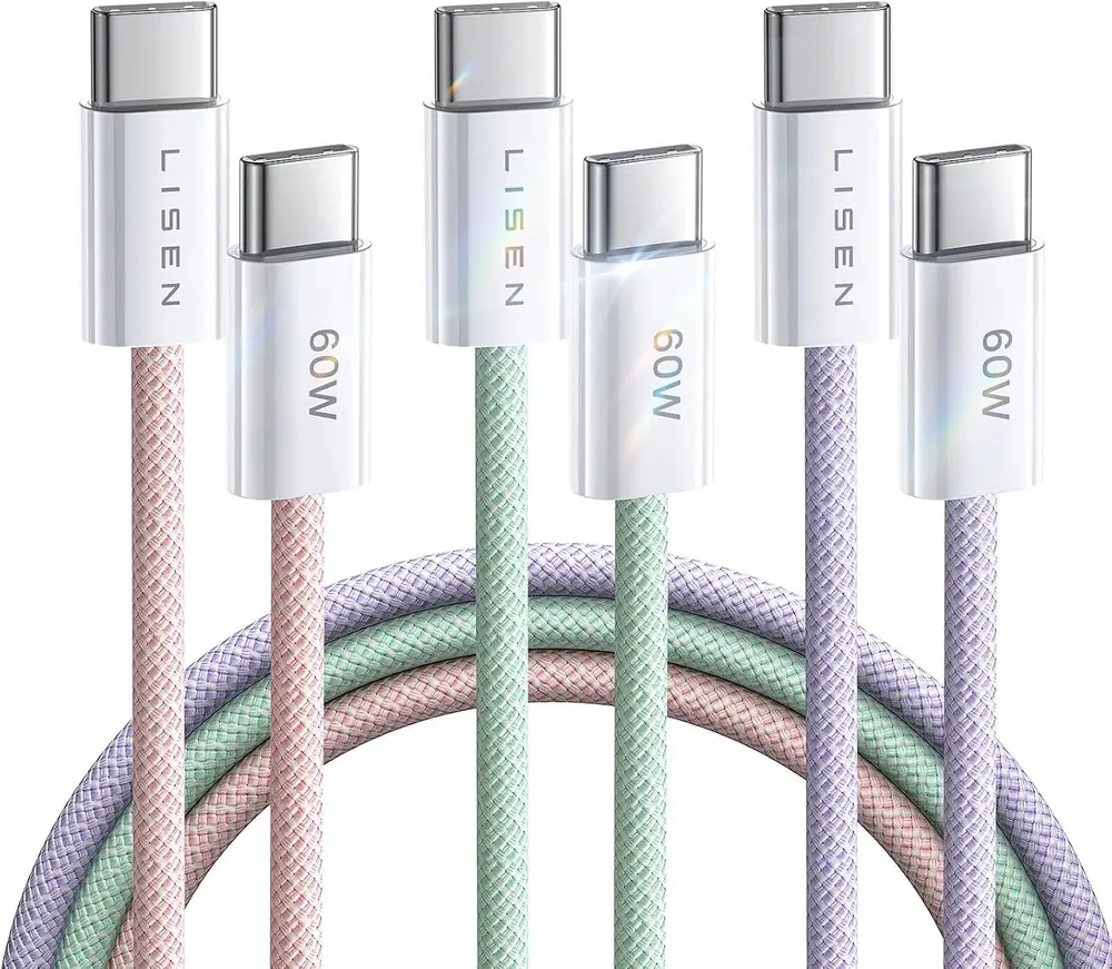 LISEN USB C Cable, 3-Pack [10/10/10FT] USBC to USBC Cable for iPhone 16e 15 Pro Max Charger Cord - Multicolored · 3 Count