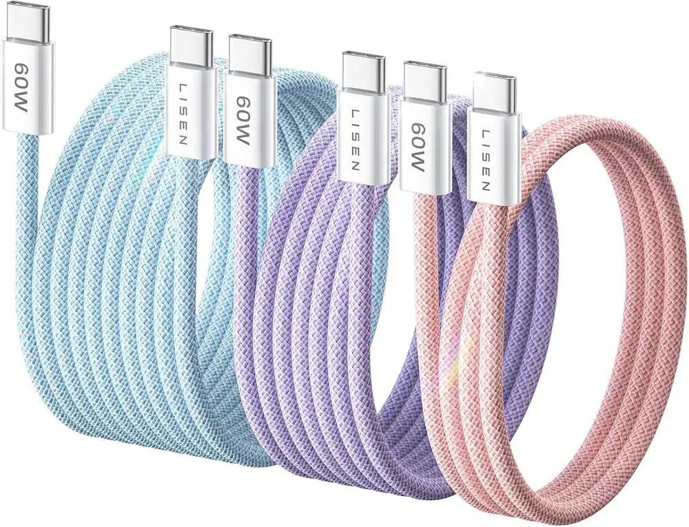 LISEN USB C Cable, 3-Pack [3.3/6.6/10FT] USBC to USBC Cable for iPhone 16e 15 Pro Max Charger Cord - Multicolored · 3 Count
