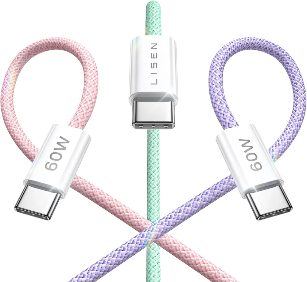 LISEN USB C Cable, 3-Pack [3.3/3.3/3.3FT] USBC to USBC Cable for iPhone 16e 15 Pro Max Charger Cord - Multicolored · 3 Count