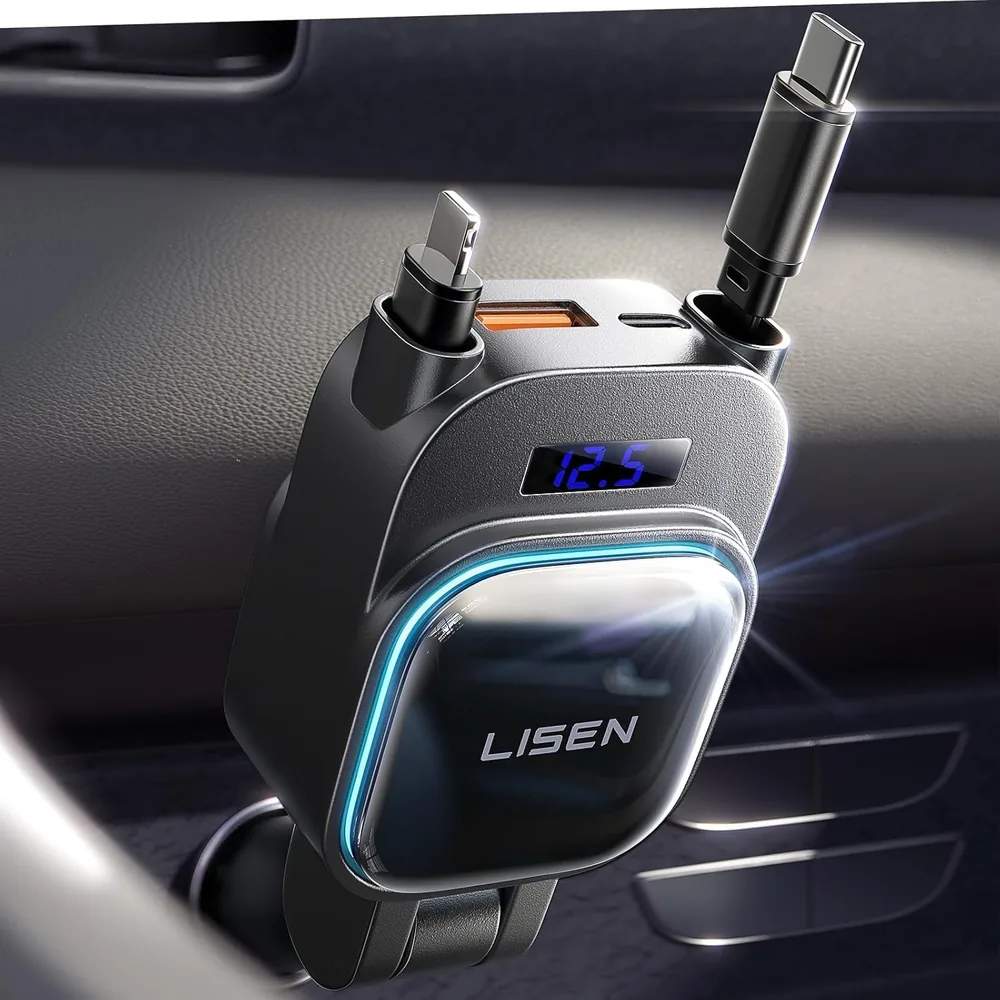 LISEN 96W 4 in 1 Retractable Car Charger with USB C & Lightning Cable for iPhone 17 Pro Max 16 15 14 13 12 product view