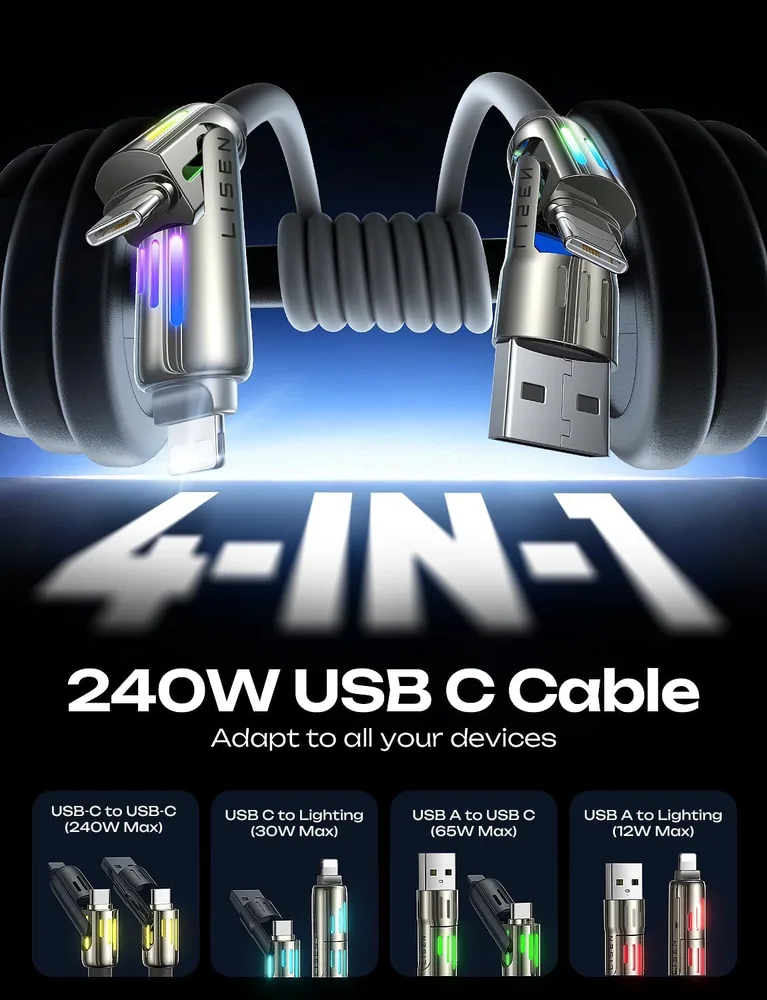 LISEN 10 FT USB C Cable Fast Charging, 240W 4 in 1 Charging Cable feature view for Grey · 10 Feet