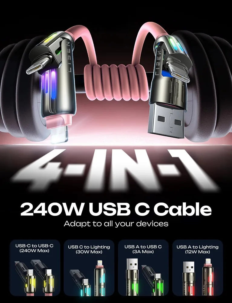 LISEN Pink iPhone Charger Cable, 240W Chubby USB C feature view for Pink