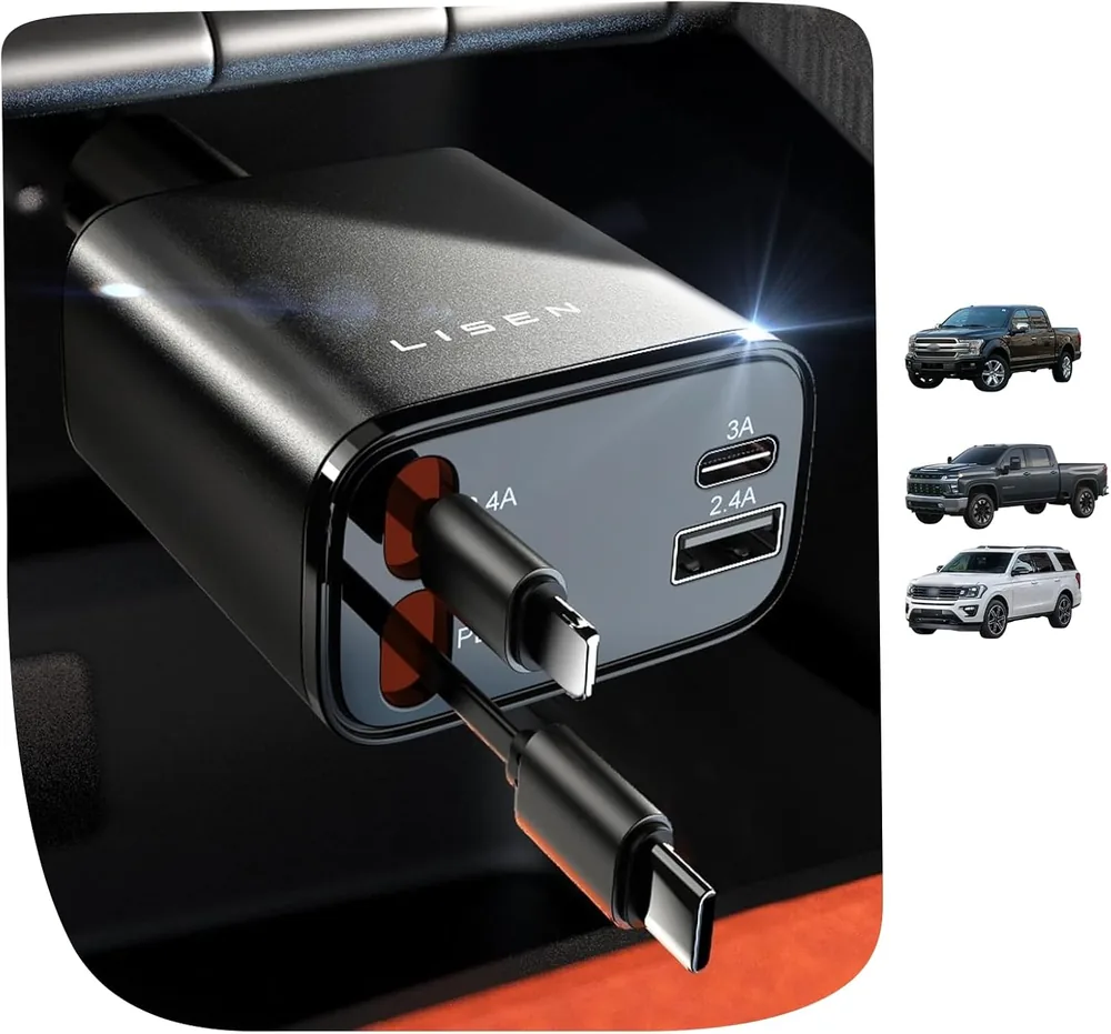 LISEN Retractable Car Charger, [2026 Upgrade 50 inch ] Long 4 in 1 Retractable Cable Car Charger product view
