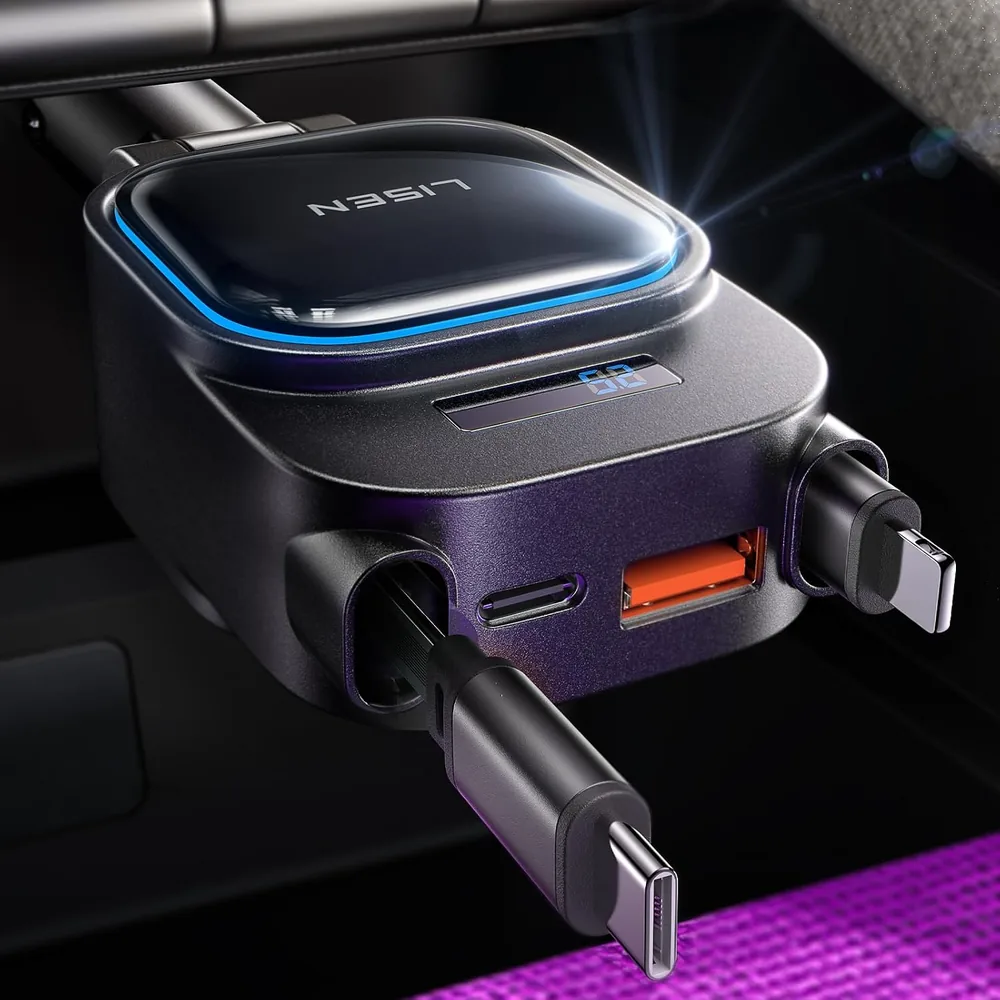 LISEN 96W Fast Charging Retractable Car Charger[USB C Cable & L Cable] product view