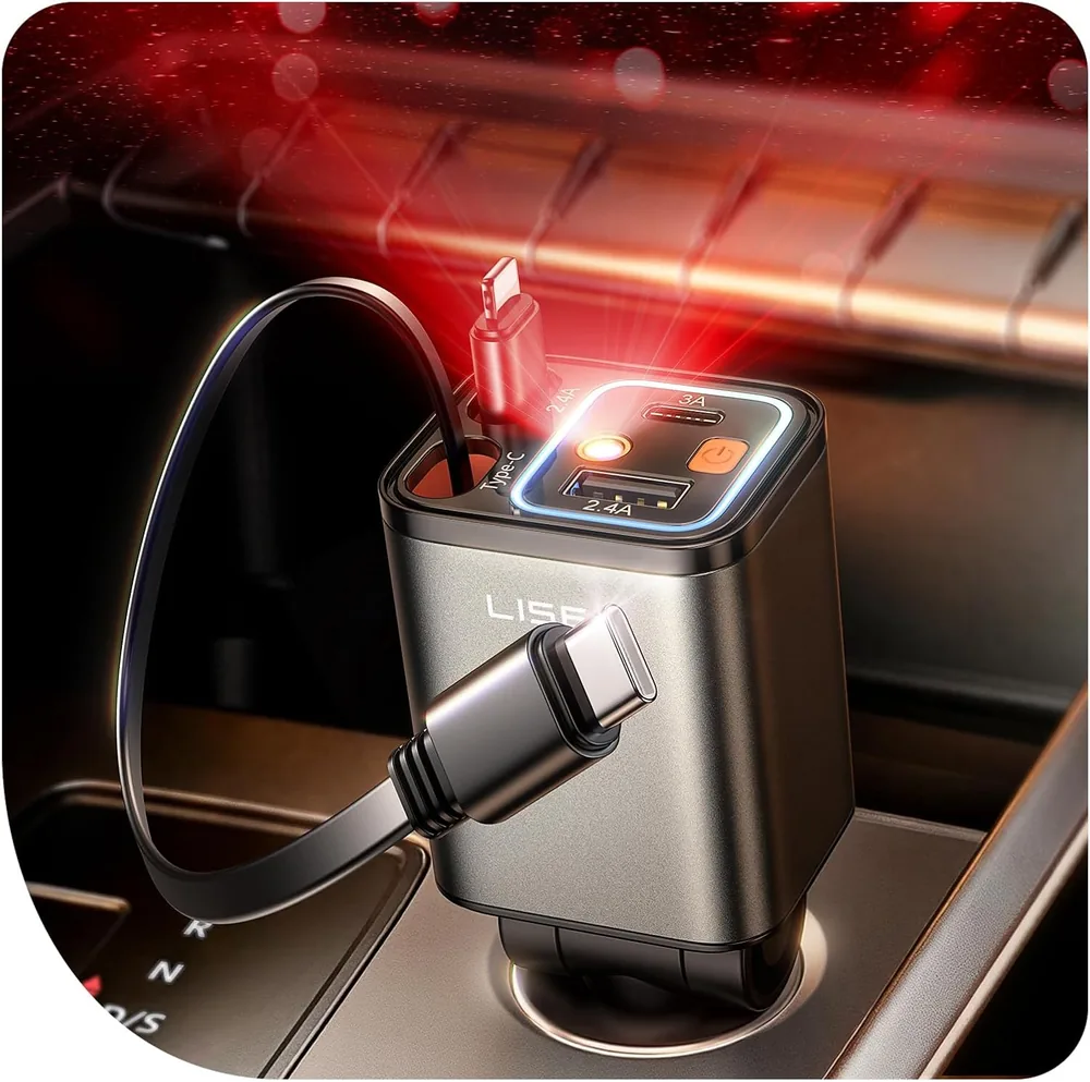 LISEN 4 in 1 Starlight Retractable Car Charger, 75W USB C Cigarette Adapter Fast Charging product view