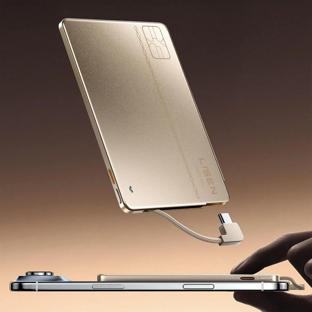 LISEN 0.2'' Ultra Slim Power Bank 5000mAh, USB C Built-in Cable Charger product view