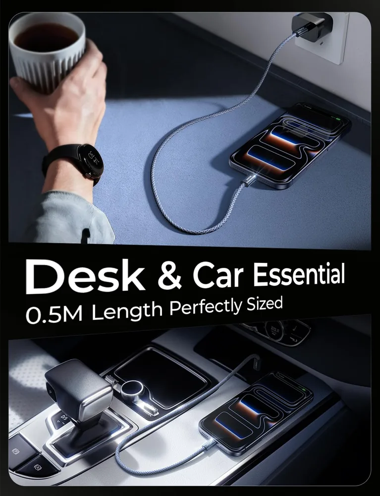 LISEN 240W Short USB C to USB C Cable (1.5FT/ 2 Pack/Midnight) feature view for Midnight · 2 Count