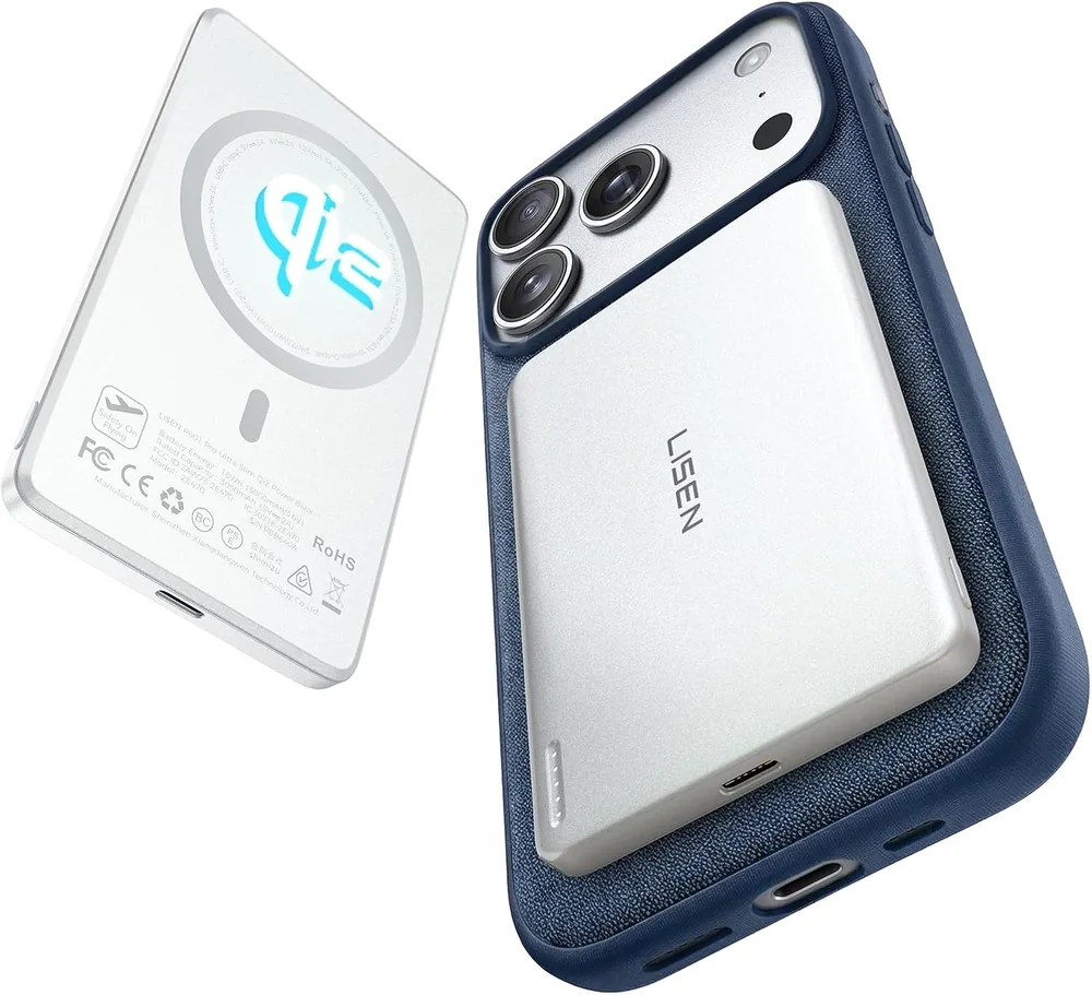 LISEN Qi2 15W Ultra Slim MagSafe Battery Pack, 5000mAh Fast Charging MagSafe Power Bank Slim Wireless product view