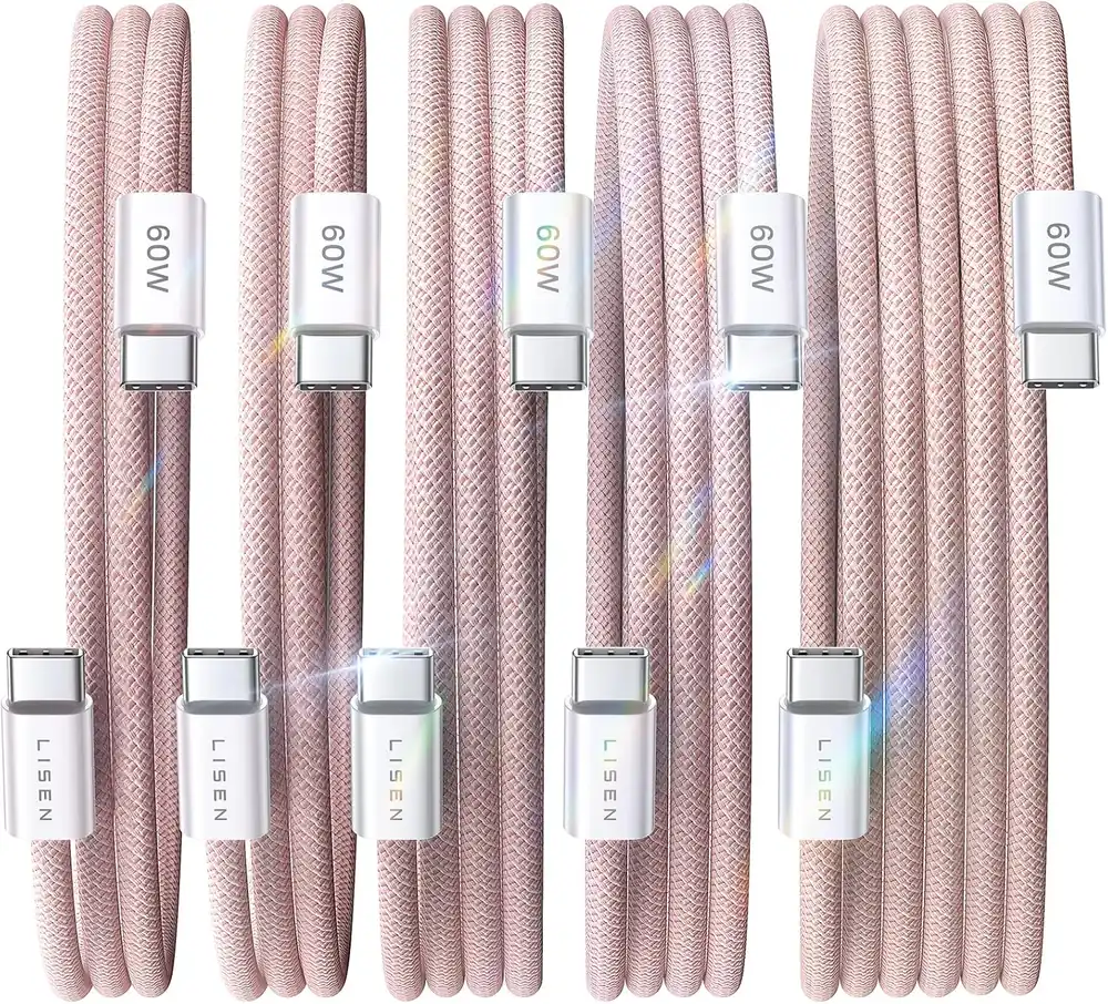 LISEN USB C to USB C Cable, 5-Pack [3.3/3.3/6.6/6.6/10FT] Pink for iPhone 17 Charger Cord - Pink · 5 Count