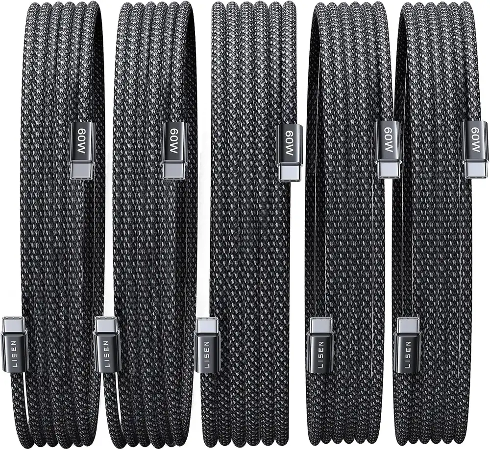LISEN USB C Cable, 5-Pack [10FT] USBC to USBC Cable for iPhone 17 16e 15 Pro Max Charger Cord - Black · 50 Feet