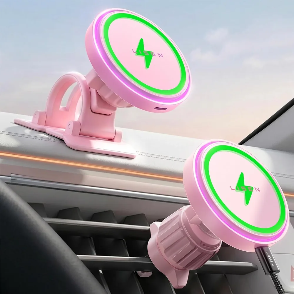 LISEN 15W MagSafe Car Mount Charger Phone 18, [Light Pink] Magnetic Wireless Car Charger product view
