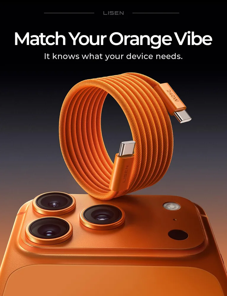 LISEN USB C to USB C Cable, 240W Fast Charging Cable (3.3FT+3.3FT) feature view for Orange · 2 Count