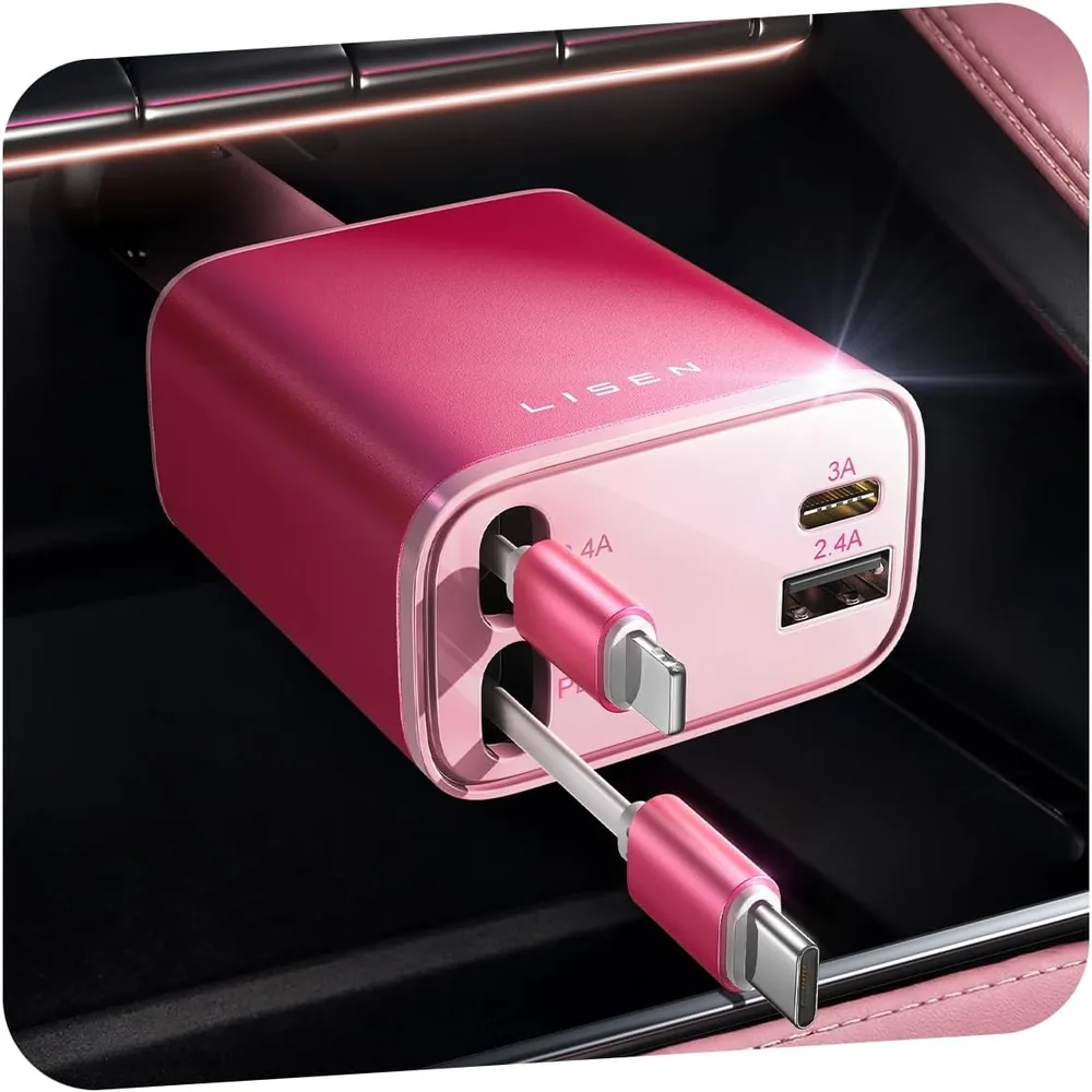 LISEN Retractable Car Charger, Pink-White product view