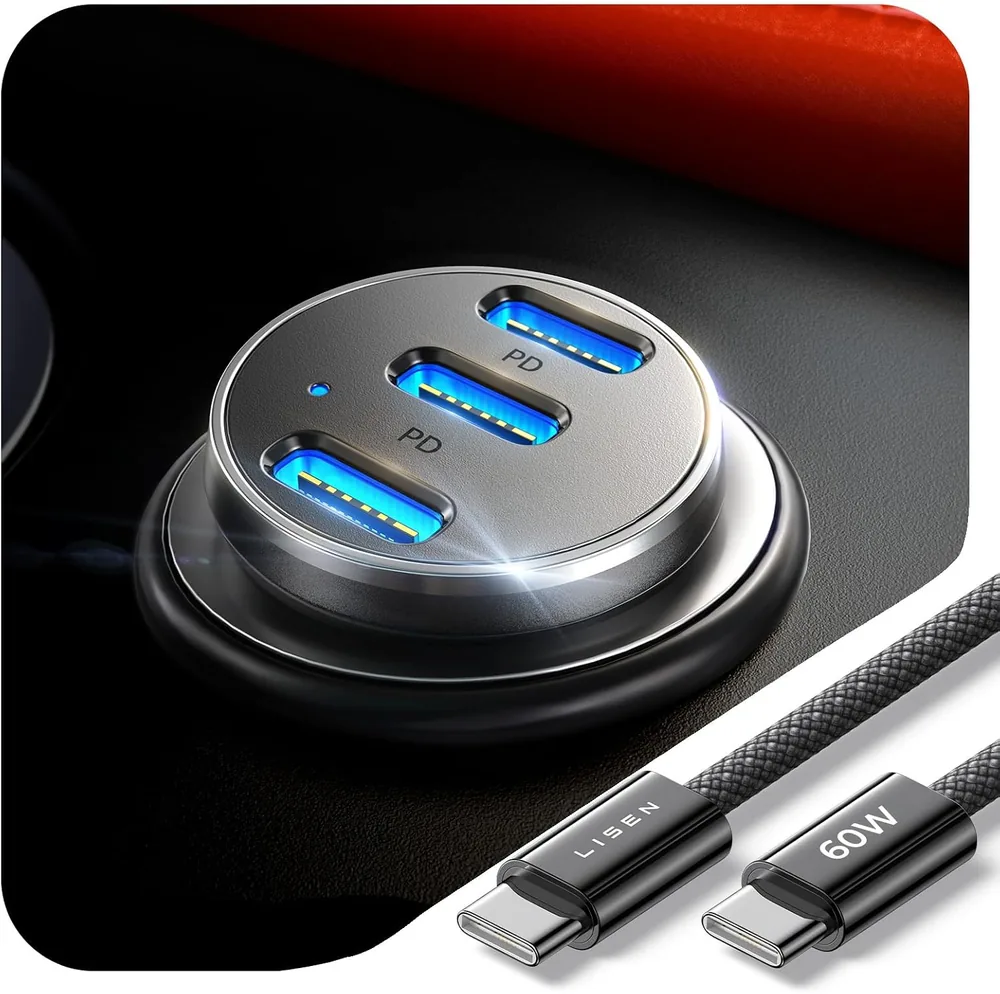 LISEN 108W Car Charger USB C 3-Port Cigarette Lighter Adapter Fast Charge product view