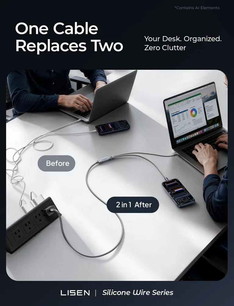 LISEN 140W Dual USB-C to USB-C Cable (3FT Main + 1FT Splits) feature view for Gray · 1 Count