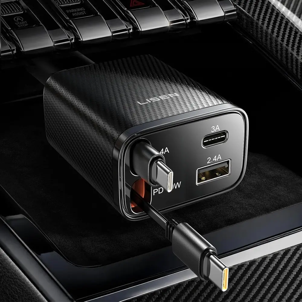 LISEN Retractable Car Charger USB C [Upgraded Dual Type C] 75W Fast 4 in 1 Car Charger for iPhone 17 product view
