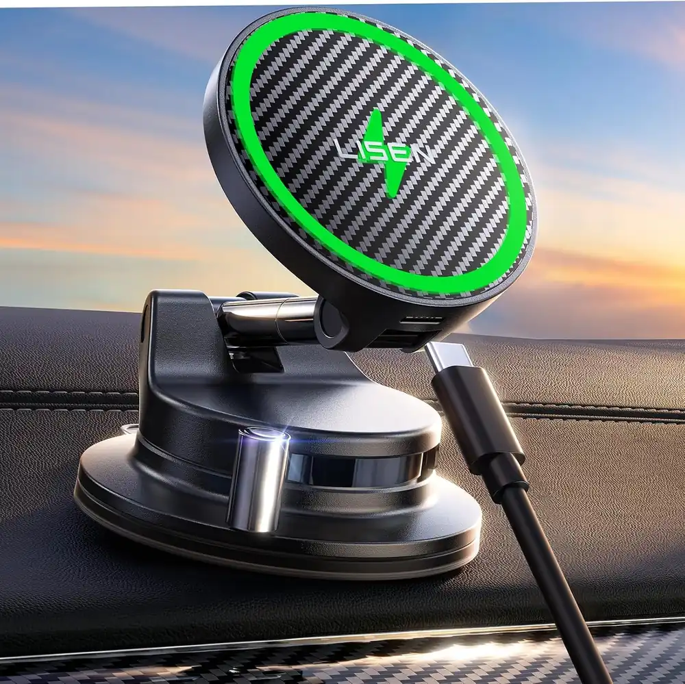 LISEN for 15W Magsafe Car Mount Charger, [Carbon Fiber] 360° Magnetic Wireless Car Charger product view