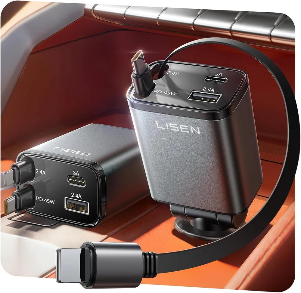 LISEN Retractable Car Charger, 84W Car Adapter USB C Fast Charger product view