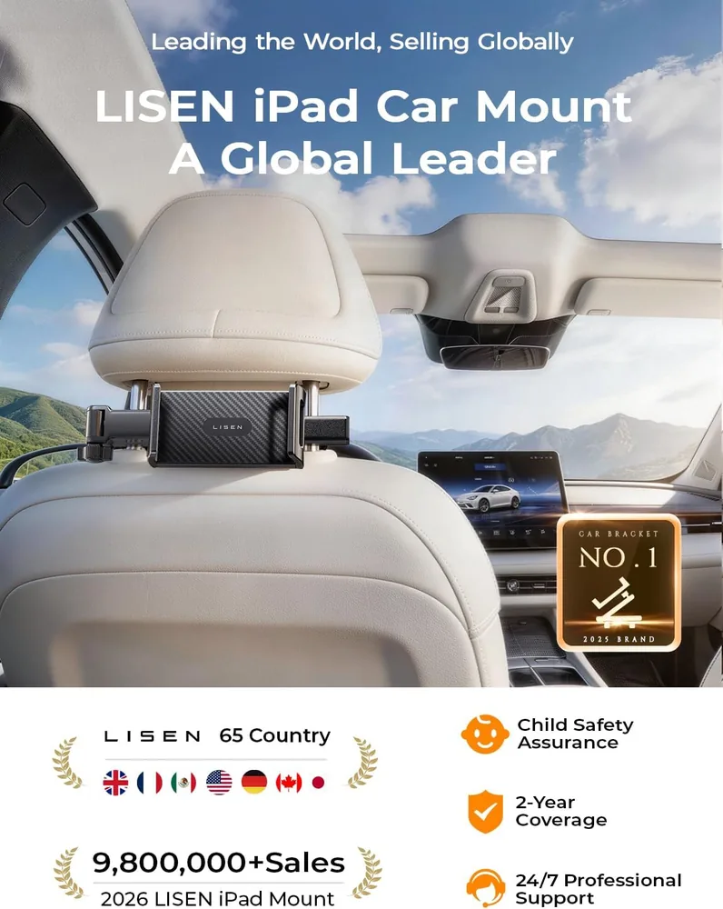 LISEN iPad Holder for Car Mount, Car Headrest Tablet Holder 4 Adjust Arm feature view for Full Black · 1 Count