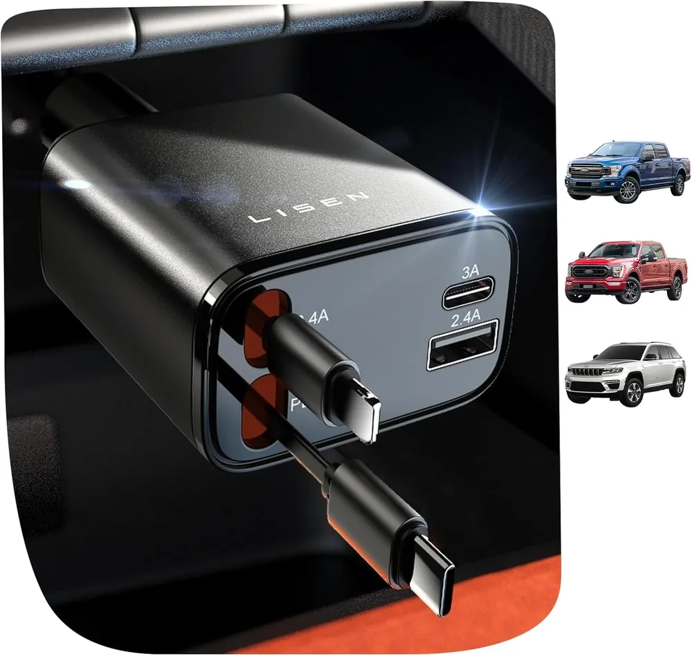 LISEN Retractable Car Charger 4 in 1 for Cars, 69W Retractable USB C Car Charger with 31.5in Cable product view