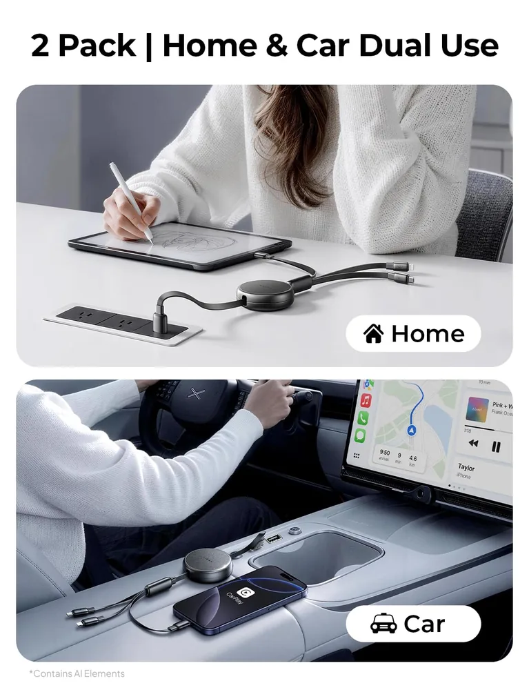 LISEN Multi Charging Cable, 3 in 1 Retractable Charging Cable feature view for Black · 2 Count