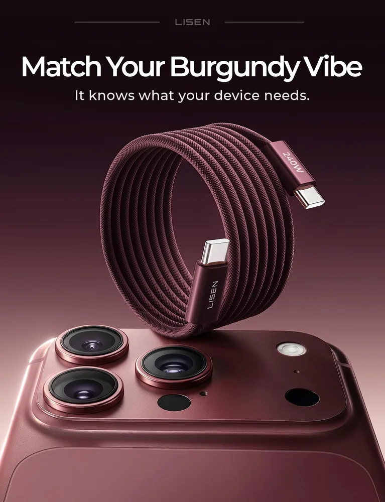 LISEN USB C to USB C Cable, 240W Fast Charging Cable (6.6FT+6.6FT) feature view for Burgundy · 2 Count