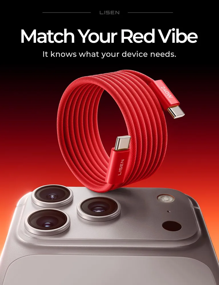 LISEN USB C to USB C Cable, 240W PS/2 Fast Charging Cable (6.6FT+6.6FT) feature view for Red