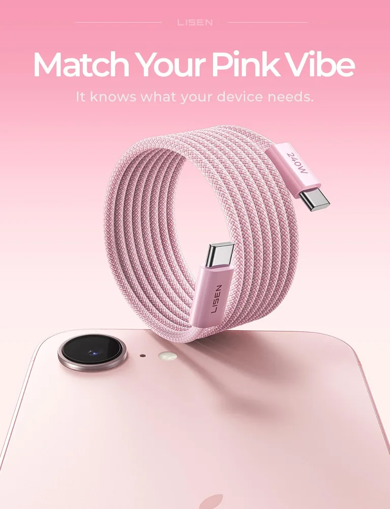 LISEN USB C to USB C Cable, 240W PS/2 Fast Charging Cable (6.6FT+6.6FT) feature view for Light Pink